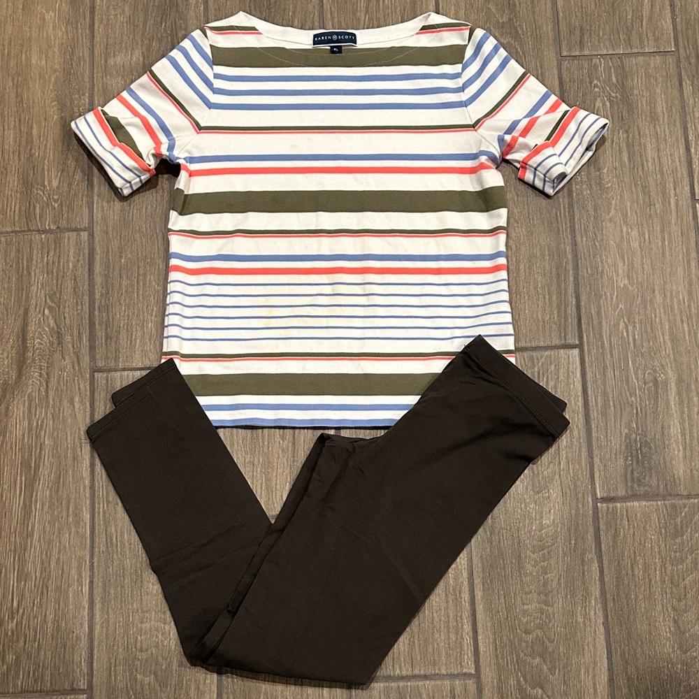 Karen Scott Blue, White, Coral, Olive Striped Top with matching olive leggings.